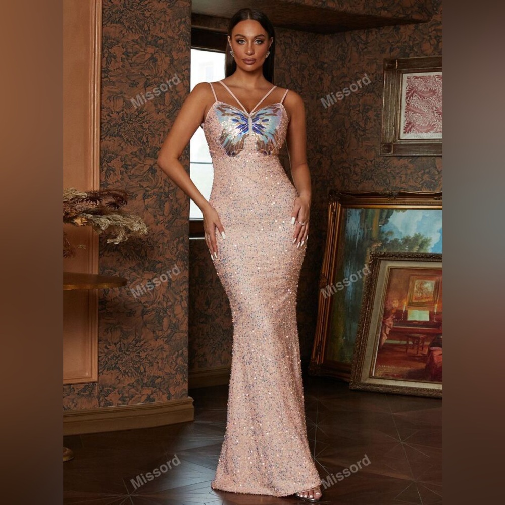 Missord Butterfly Print Sequin Mermaid Hem Formal Dress